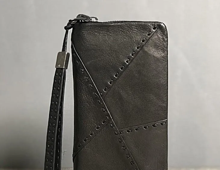 Handmade Genuine Leather Mens Cool Long Leather Wallet Biker Wallet Zipper Clutch Wristlet Wallet for Men