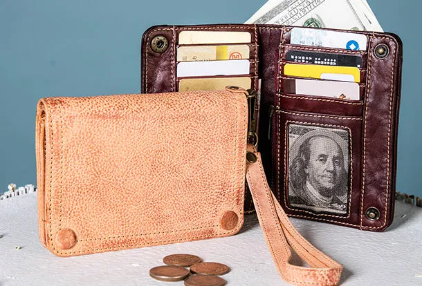 Handmade Genuine Leather Wallet billfold Leather Wallet Slim Bifold Wallet Wristlet Bag For Women
