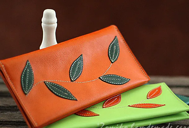Handmade green orange pretty leaf leather long bifold wallet for women/lady girl