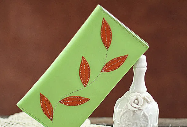 Handmade green orange pretty leaf leather long bifold wallet for women/lady girl