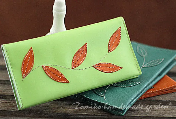 Handmade green orange pretty leaf leather long bifold wallet for women/lady girl