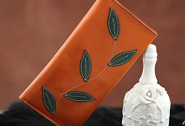 Handmade green orange pretty leaf leather long bifold wallet for women/lady girl