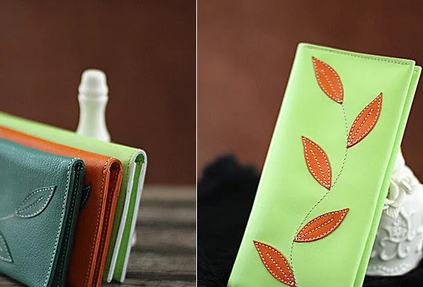 Handmade green orange pretty leaf leather long bifold wallet for women/lady girl