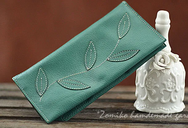 Handmade green orange pretty leaf leather long bifold wallet for women/lady girl