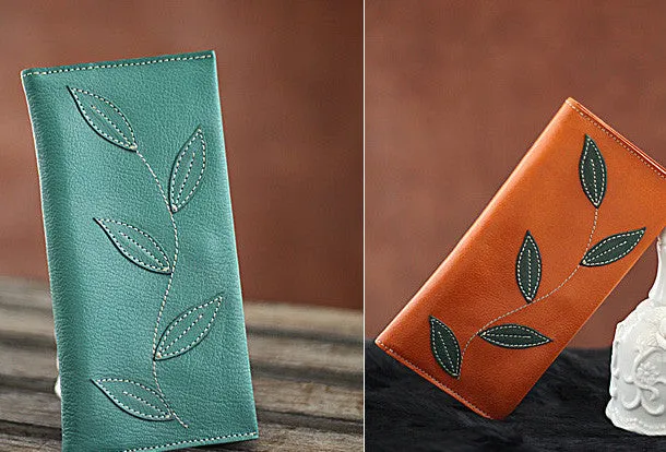 Handmade green orange pretty leaf leather long bifold wallet for women/lady girl