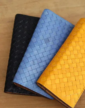Handmade knit vintage leather clutch bag long wallet multi ID card holders slots for men
