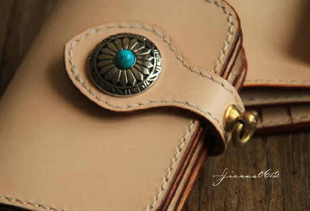 Handmade leather beige biker wallet chain bifold billfold wallet purse clutch for men