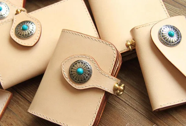 Handmade leather beige biker wallet chain bifold billfold wallet purse clutch for men
