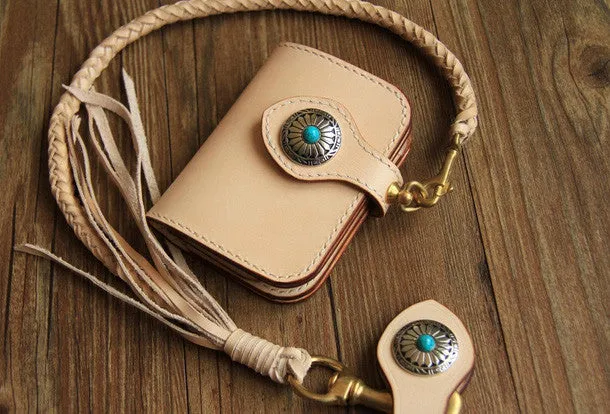 Handmade leather beige biker wallet chain bifold billfold wallet purse clutch for men