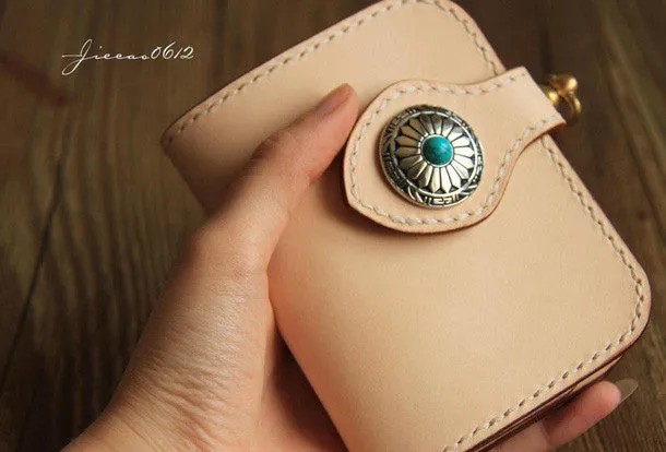 Handmade leather beige biker wallet chain bifold billfold wallet purse clutch for men