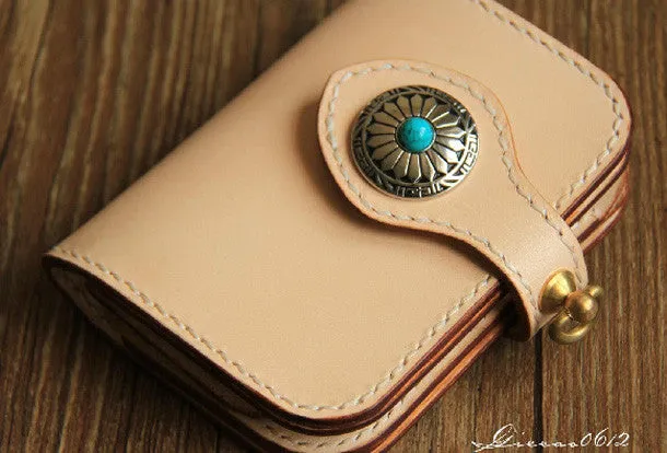 Handmade leather beige biker wallet chain bifold billfold wallet purse clutch for men