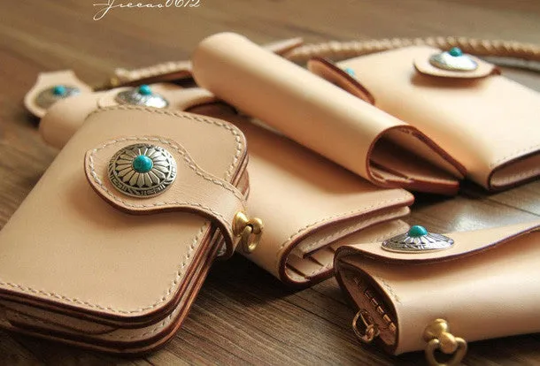 Handmade leather beige biker wallet chain bifold billfold wallet purse clutch for men