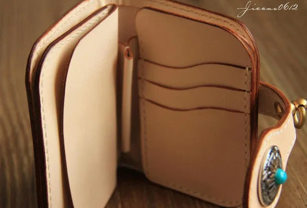 Handmade leather beige biker wallet chain bifold billfold wallet purse clutch for men