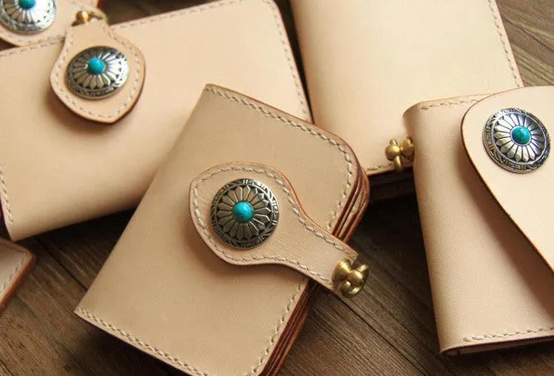 Handmade leather beige biker wallet chain bifold billfold wallet purse clutch for men
