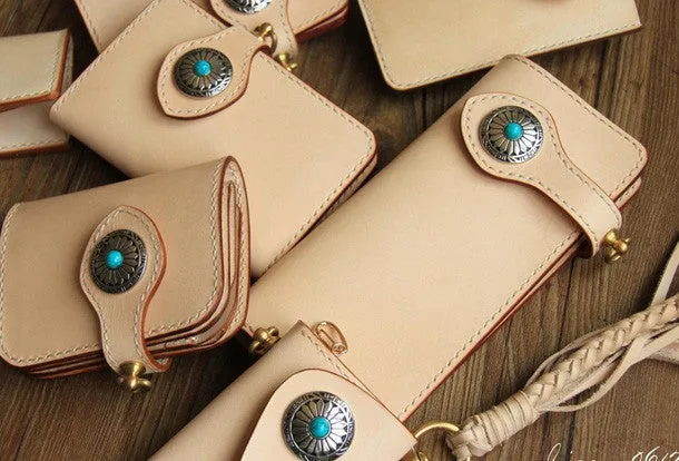 Handmade leather beige biker wallet chain bifold billfold wallet purse clutch for men