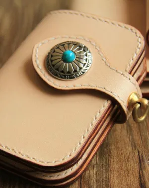 Handmade leather beige biker wallet chain bifold billfold wallet purse clutch for men