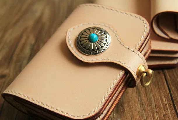 Handmade leather beige biker wallet chain bifold billfold wallet purse clutch for men