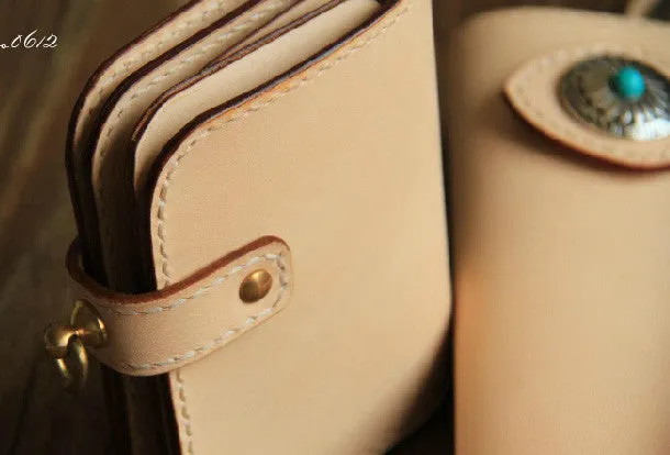 Handmade leather beige biker wallet chain bifold billfold wallet purse clutch for men