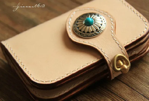 Handmade leather beige biker wallet chain bifold billfold wallet purse clutch for men