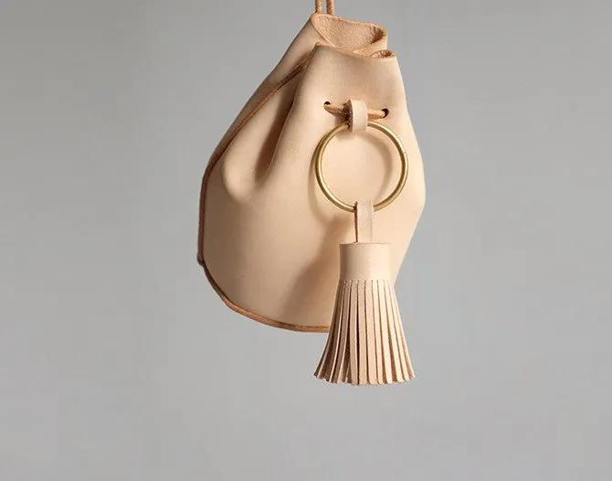 Handmade Leather Beige Womens Mini Wristlet Purse Bucket Purse Barrel Shoulder Bags for Women