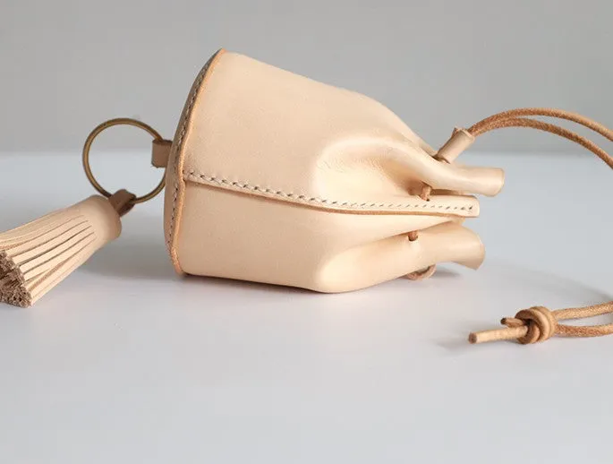 Handmade Leather Beige Womens Mini Wristlet Purse Bucket Purse Barrel Shoulder Bags for Women