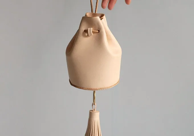 Handmade Leather Beige Womens Mini Wristlet Purse Bucket Purse Barrel Shoulder Bags for Women