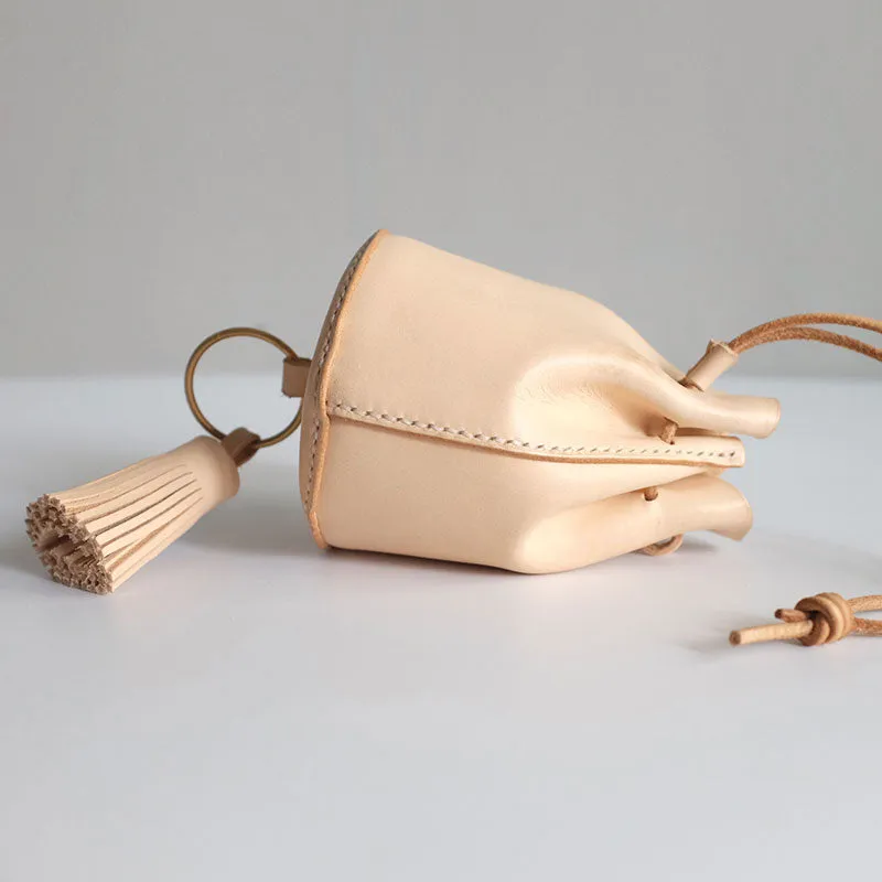 Handmade Leather Beige Womens Mini Wristlet Purse Bucket Purse Barrel Shoulder Bags for Women