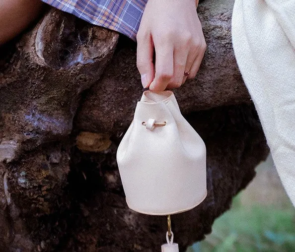 Handmade Leather Beige Womens Mini Wristlet Purse Bucket Purse Barrel Shoulder Bags for Women