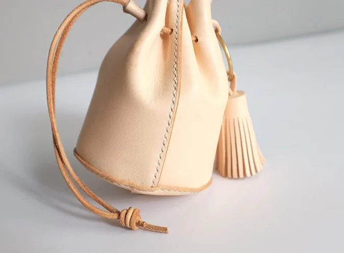 Handmade Leather Beige Womens Mini Wristlet Purse Bucket Purse Barrel Shoulder Bags for Women
