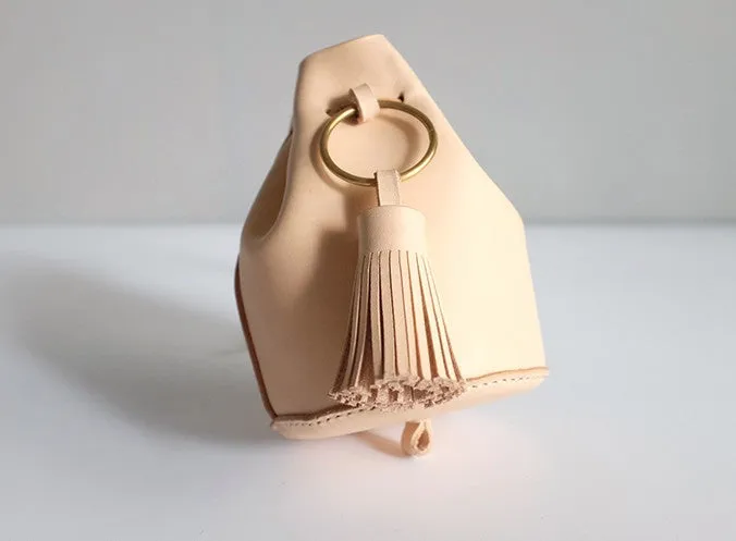 Handmade Leather Beige Womens Mini Wristlet Purse Bucket Purse Barrel Shoulder Bags for Women