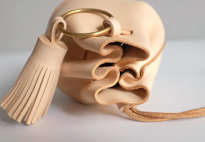 Handmade Leather Beige Womens Mini Wristlet Purse Bucket Purse Barrel Shoulder Bags for Women