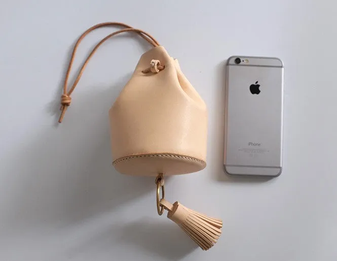 Handmade Leather Beige Womens Mini Wristlet Purse Bucket Purse Barrel Shoulder Bags for Women