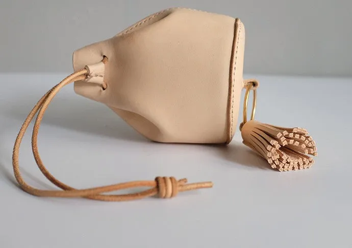 Handmade Leather Beige Womens Mini Wristlet Purse Bucket Purse Barrel Shoulder Bags for Women