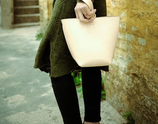 Handmade Leather Beige Womens Wristlet Purse Bucket Purse Barrel Shoulder Bags for Women