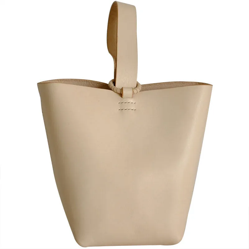 Handmade Leather Beige Womens Wristlet Purse Bucket Purse Barrel Shoulder Bags for Women