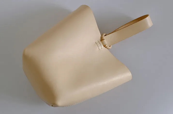Handmade Leather Beige Womens Wristlet Purse Bucket Purse Barrel Shoulder Bags for Women