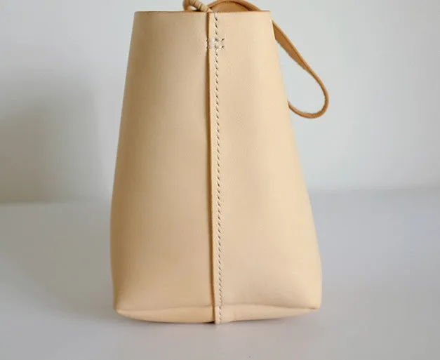 Handmade Leather Beige Womens Wristlet Purse Bucket Purse Barrel Shoulder Bags for Women
