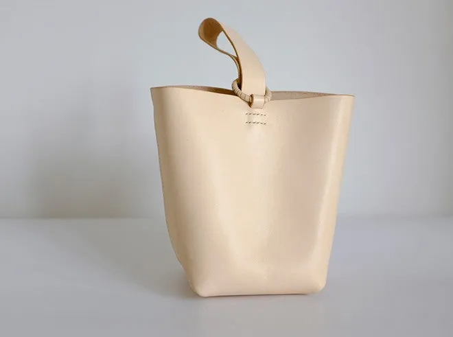 Handmade Leather Beige Womens Wristlet Purse Bucket Purse Barrel Shoulder Bags for Women