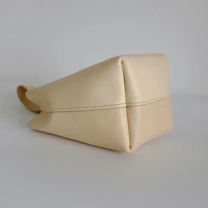 Handmade Leather Beige Womens Wristlet Purse Bucket Purse Barrel Shoulder Bags for Women