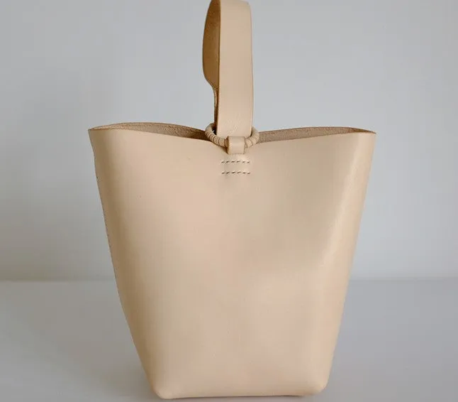 Handmade Leather Beige Womens Wristlet Purse Bucket Purse Barrel Shoulder Bags for Women