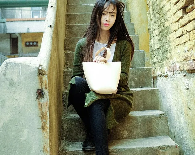 Handmade Leather Beige Womens Wristlet Purse Bucket Purse Barrel Shoulder Bags for Women