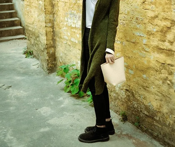 Handmade Leather Beige Womens Wristlet Purse Bucket Purse Barrel Shoulder Bags for Women