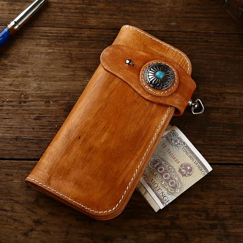 Handmade Leather Biker Chain Wallet Mens Cool Chain Long Wallet with Chain