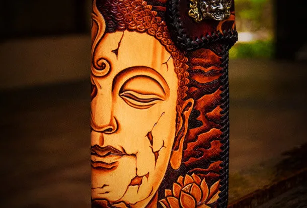 Handmade leather biker trucker wallet black Buddha leather chain men Tooled wallet