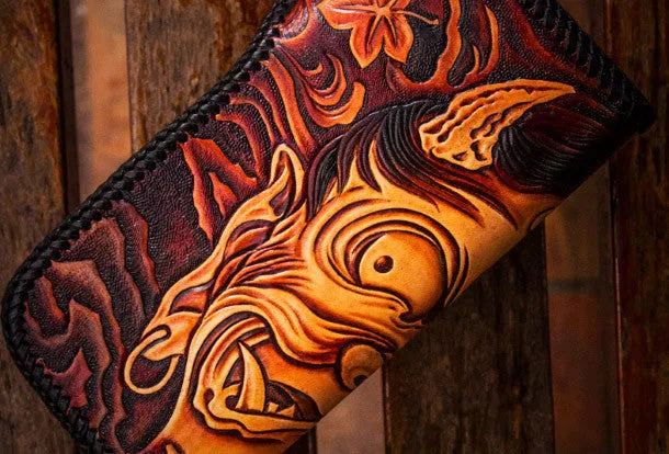 Handmade leather biker trucker wallet black Buddha leather chain men Tooled wallet