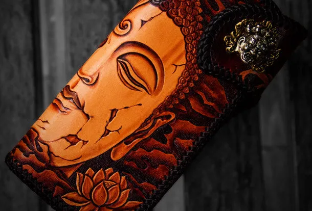 Handmade leather biker trucker wallet black Buddha leather chain men Tooled wallet