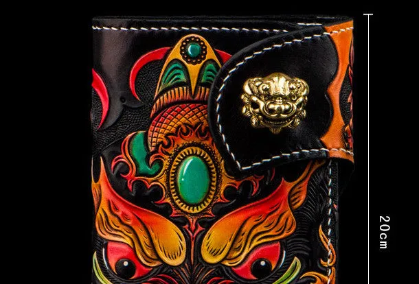 Handmade leather biker trucker wallet leather chain men monster Black Carved Tooled wallet