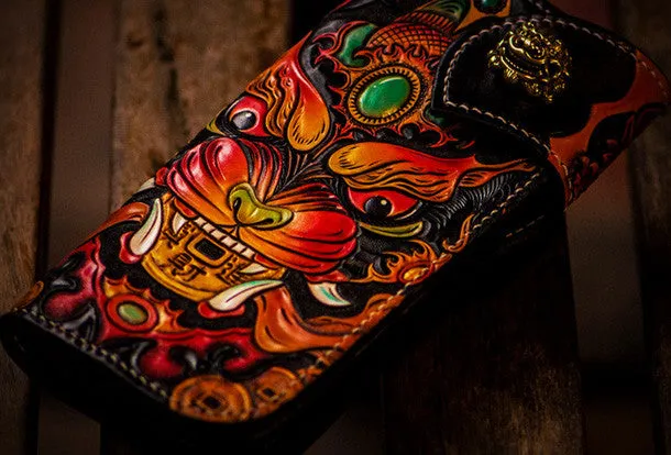 Handmade leather biker trucker wallet leather chain men monster Black Carved Tooled wallet