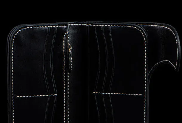 Handmade leather biker trucker wallet leather chain men monster Black Carved Tooled wallet