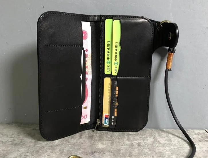 Handmade Leather Biker Wallet Long Mens Cool Chain Wallet Trucker Wallet with Chain